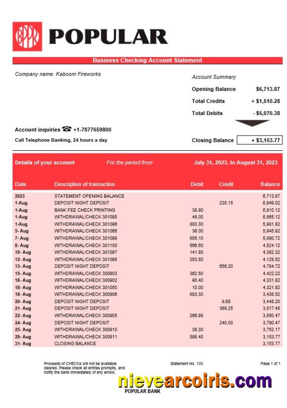 Popular Bank firm account statement